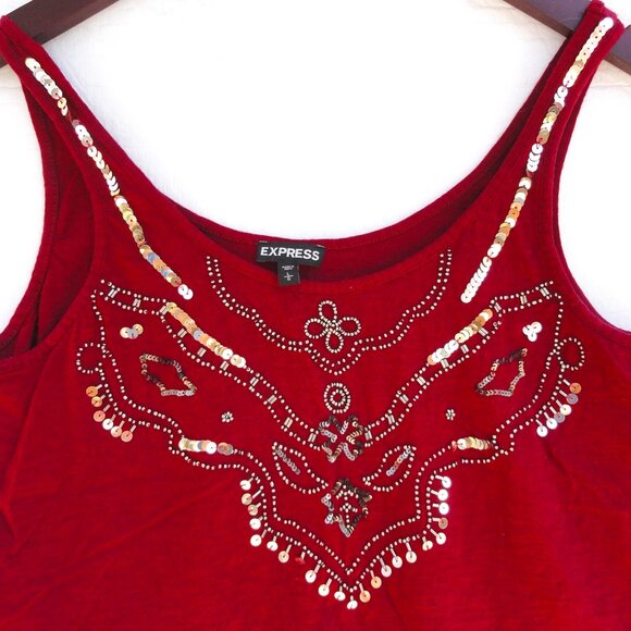 Express Deep Red Beaded Tank Top Thin Straps Bling Embellished Womens Size Large - Picture 1 of 7